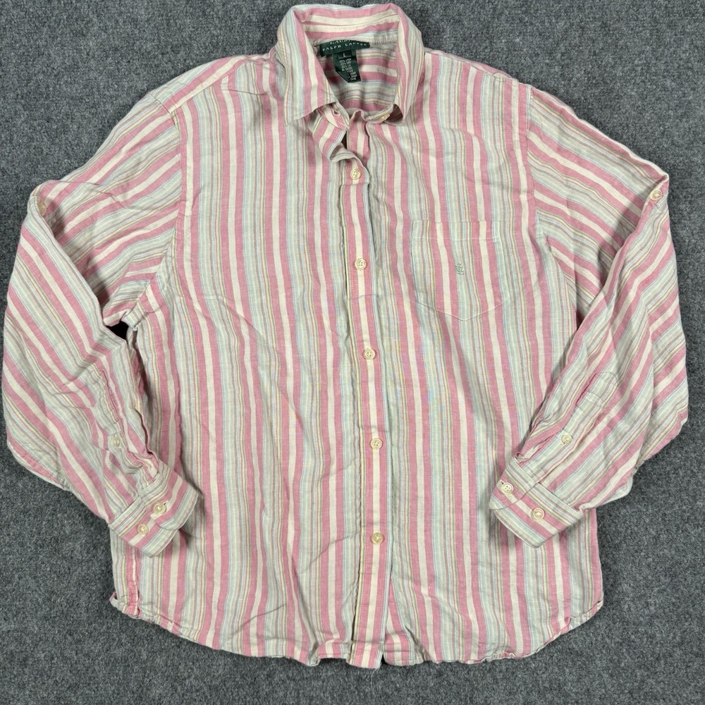 Lauren Ralph Lauren Shirt Womens Large 100% Linen Multi Stripe Button Down L/S